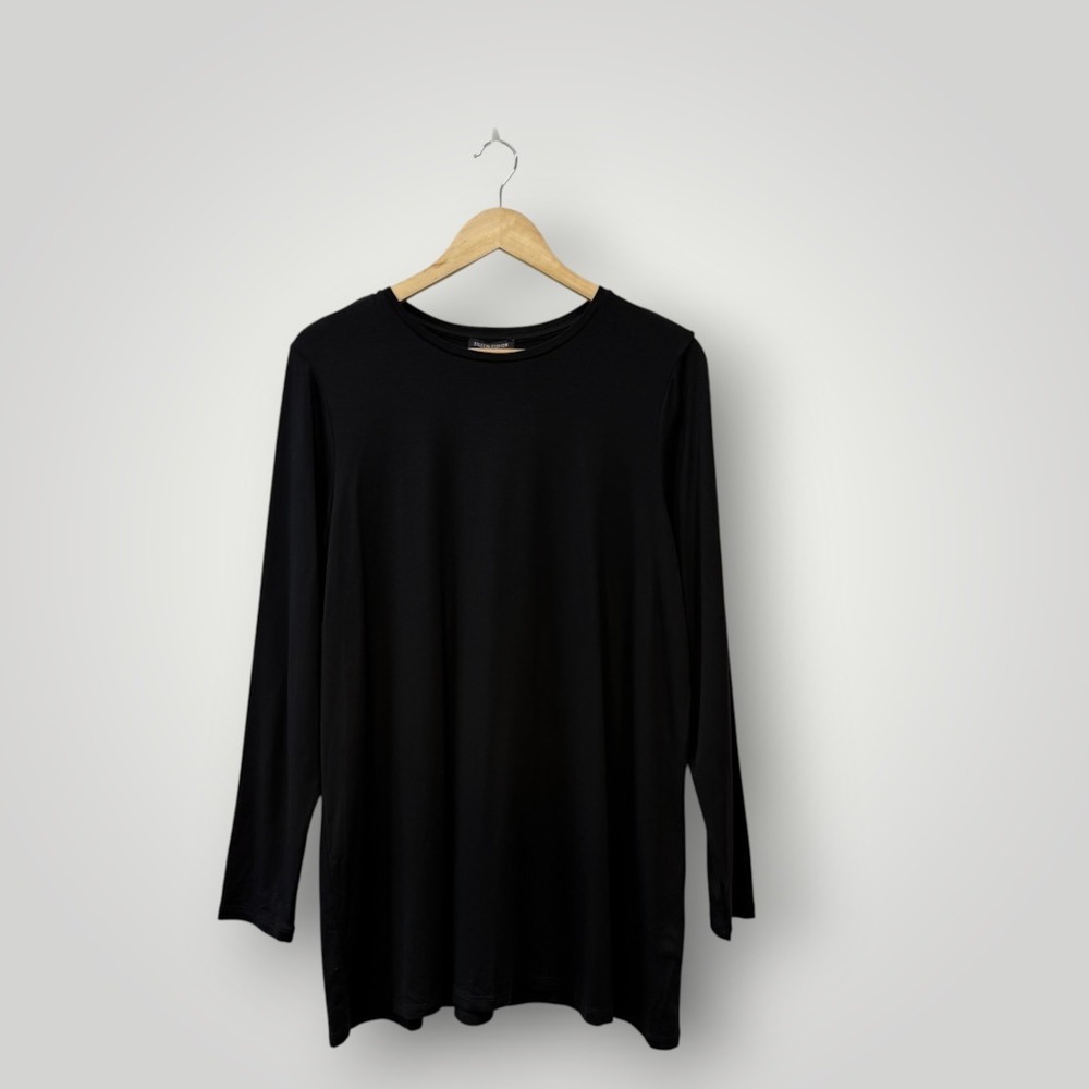 Eileen Fisher Black Tencel Lyocell Long Sleeve Tunic Top Crew Neck Medium